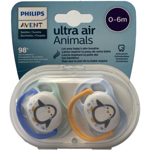 Avent Ultra Air Animals 0-6m Ορθοδοντική Πιπίλα Σιλικόνης που Επιτρέπει στο Δέρμα του Μικρού σας να Αναπνέει 2 Τεμάχια,  SCF080/11 - Βεραμάν / Γαλάζιο